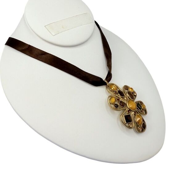 Yellow Austrian Crystal Large Flower Pendant Satin Necklace 22” Cottagecore - Picture 5 of 9